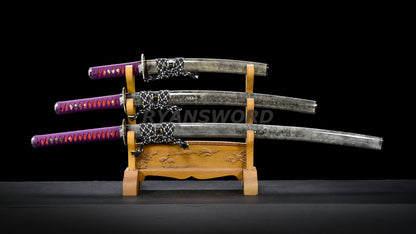 Japanese Sword Set Katana+Wakizashi+Tanto Honsanmai Clay Tempered Full Rayskin Saya