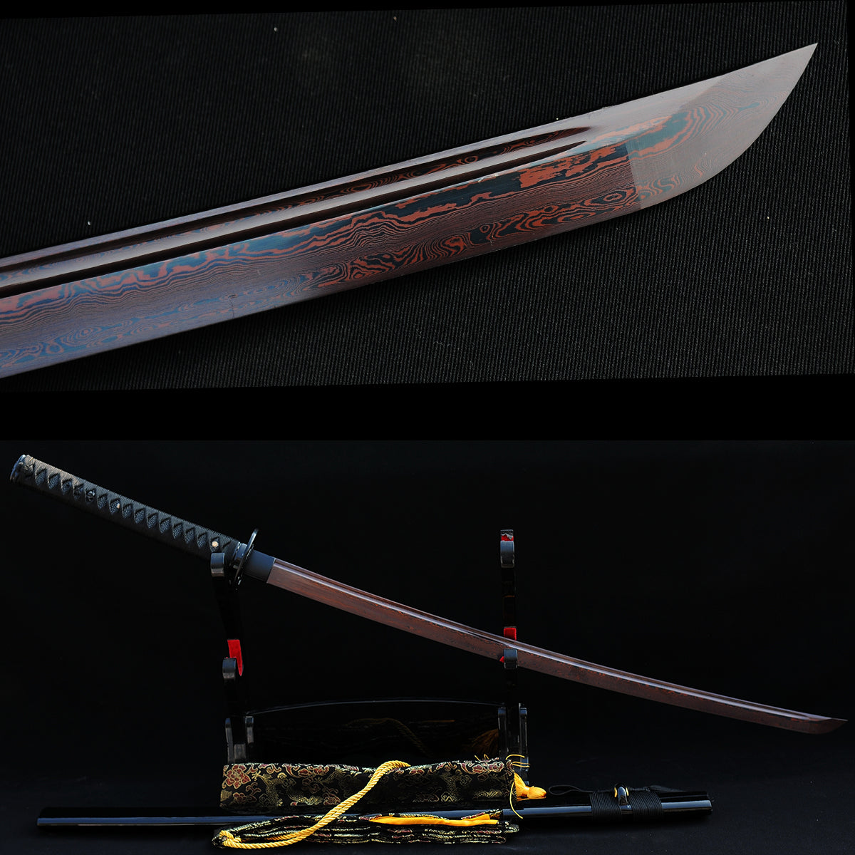 A composite image of the Kuro Akane Katana, detailing the unique red and black folded 1060 steel blade, its full-length Hi (groove), and sharp kissaki tip.