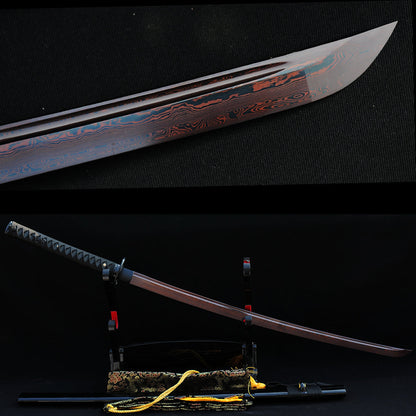 A composite image of the Kuro Akane Katana, detailing the unique red and black folded 1060 steel blade, its full-length Hi (groove), and sharp kissaki tip.