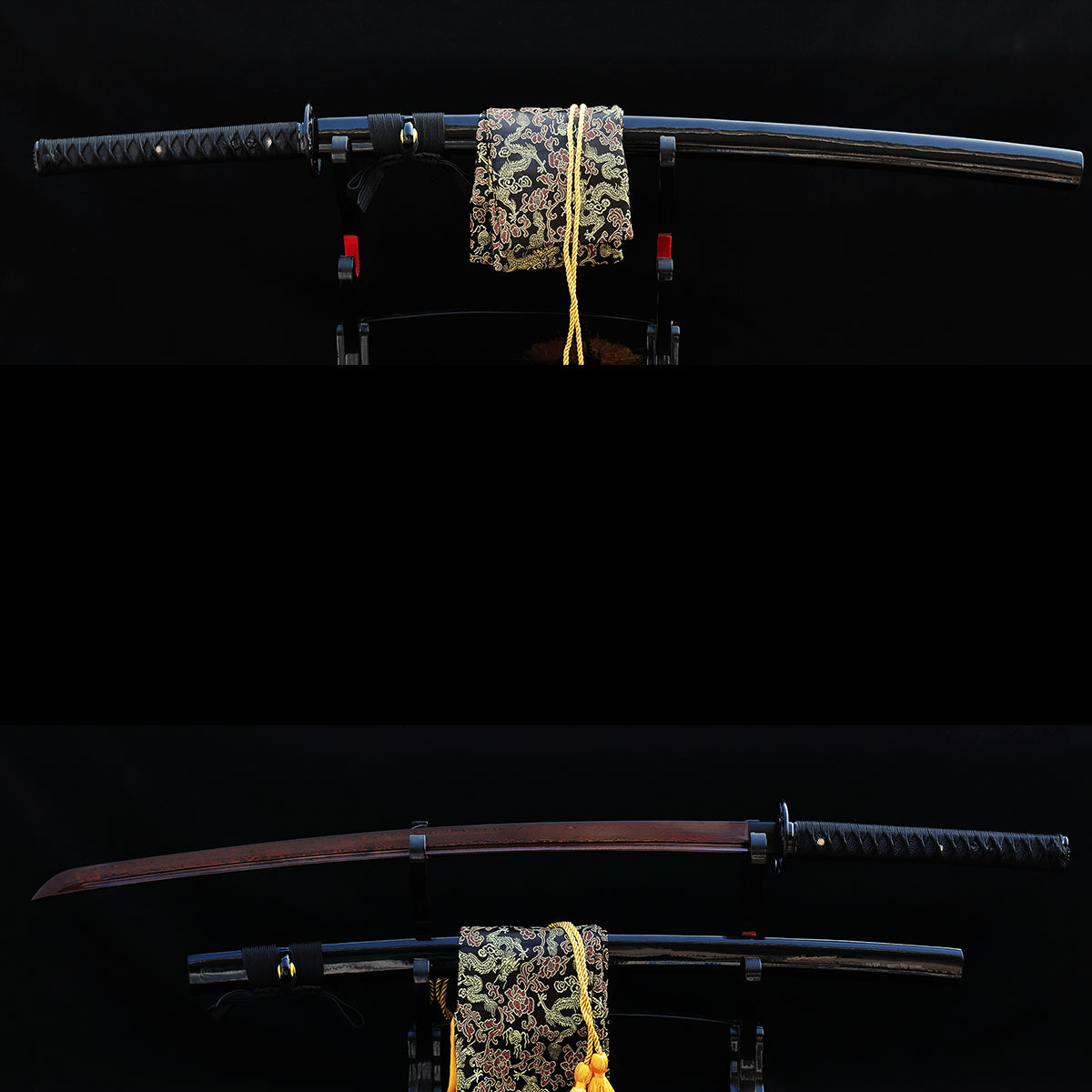 The Kuro Akane Katana, shown both sheathed in its black lacquer saya and unsheathed, revealing the unique red and black folded 1060 steel blade.