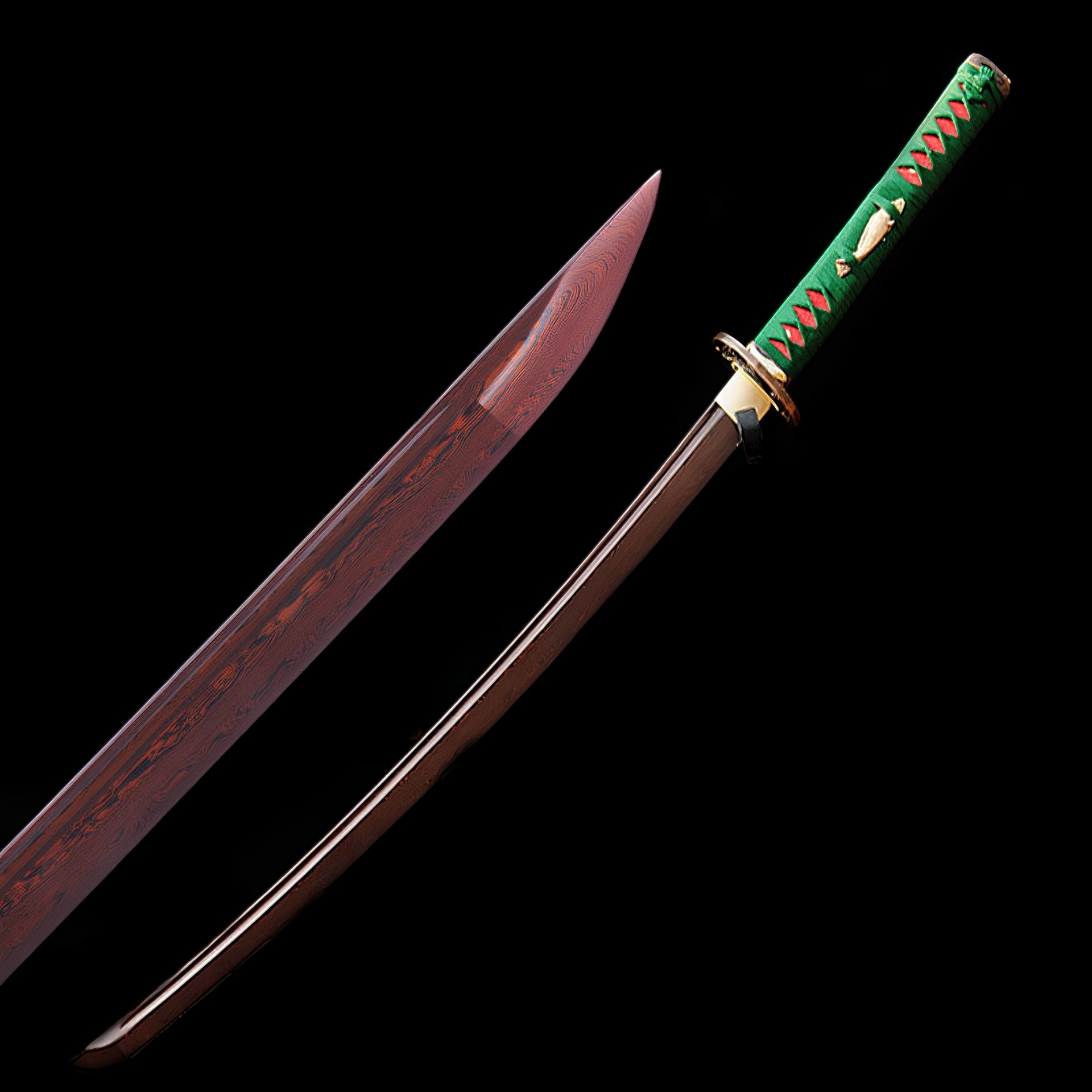 A composite image showing a full view of the unsheathed Nishikigoi Katana and a macro close-up of the red & black folded steel blade tip.