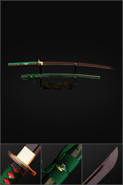A composite image of the Nishikigoi Katana, showing the red & black folded steel blade on a stand, with close-ups of the green saya and handle fittings.
