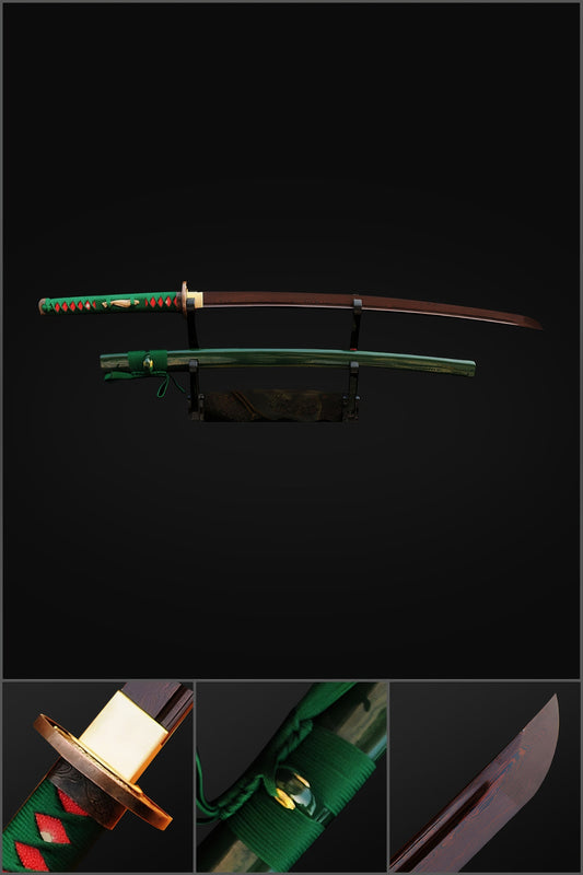 A composite image of the Nishikigoi Katana, showing the red & black folded steel blade on a stand, with close-ups of the green saya and handle fittings.