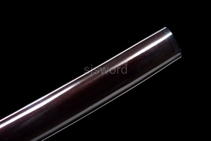 The Aurora Steel Red Shirasaya partially drawn, revealing the red folded steel blade from the hardwood saya.
