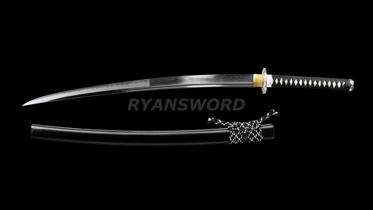 Osoraku Wakizashi Aikuchi Clay Tempered Hazuya Polish Sharp+ Free black stand