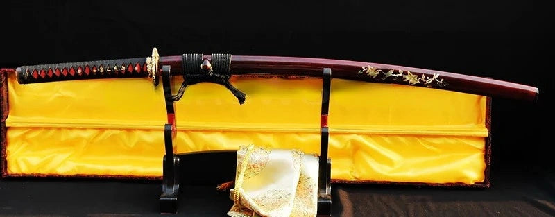 The complete Raden Ryū Katana, fully sheathed in its mother-of-pearl inlay Raden saya, resting on a display stand.