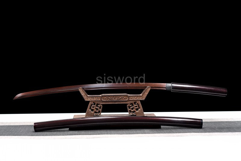 An alternate angle of the sheathed Aurora Steel Red Shirasaya on its display stand.