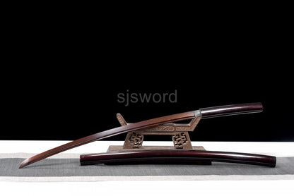The complete Aurora Steel Red Shirasaya, fully sheathed and resting on a display stand.