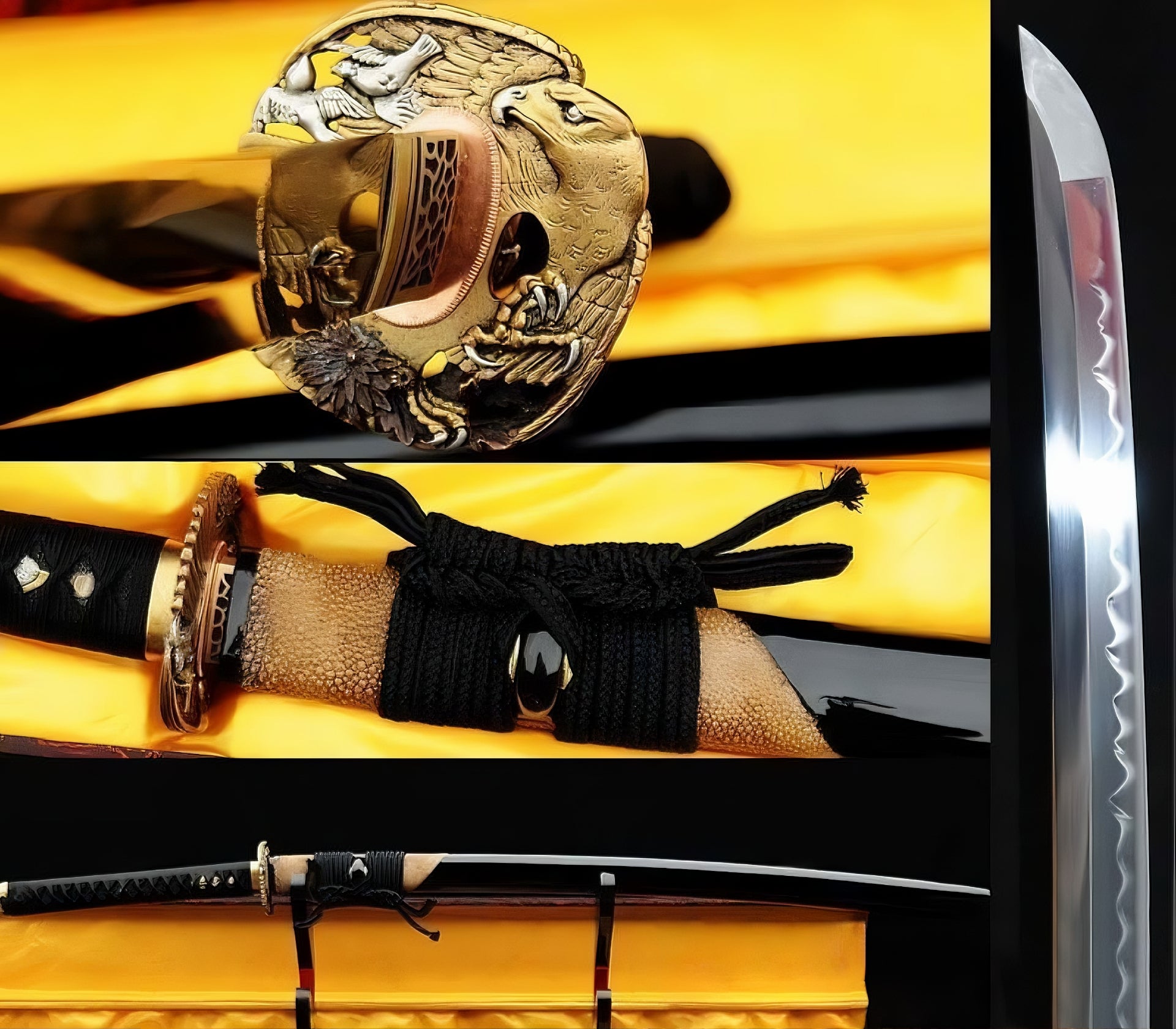 A composite image of the Golden Hawk Katana, detailing the T10 clay-tempered blade with Hadori polish, the intricate "Golden Hawk" brass tsuba, and the partial brown rayskin saya.