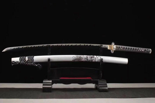 The Silver Dragon Katana unsheathed on a display stand, showing the T10 steel blade and the matte silver dragon saya.