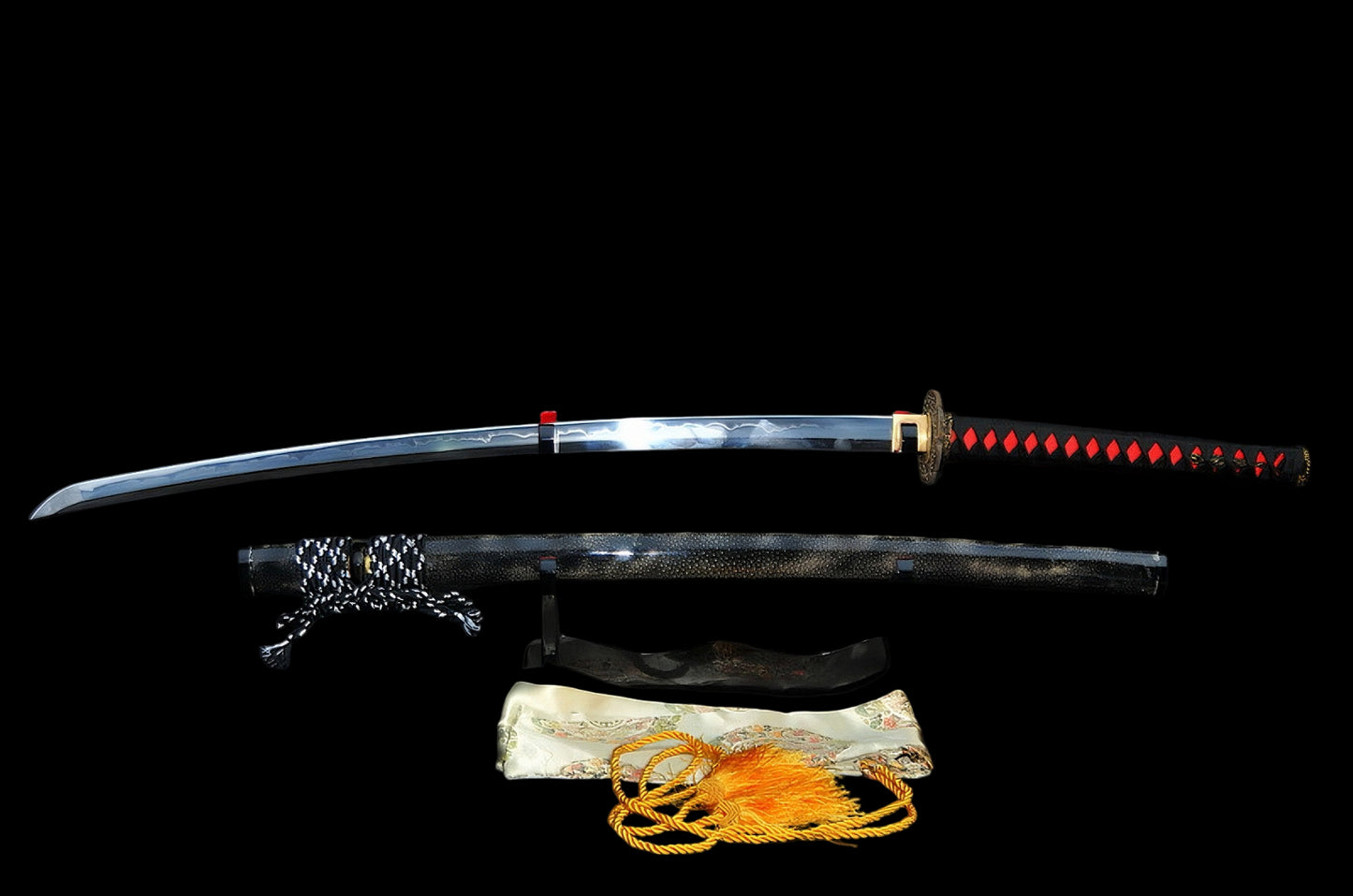 The Crimson Tide Katana, featuring a T10 steel blade, red rayskin handle, and full-wrap black rayskin saya.