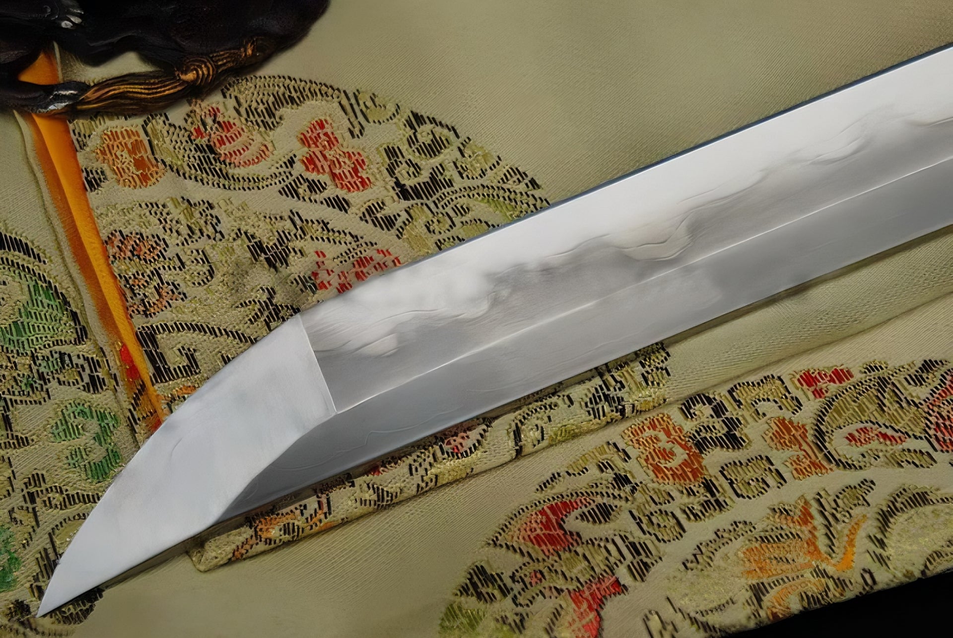 A detailed close-up of the Sennin's Guardian Katana's kissaki (tip), showing the T10 steel blade and the real clay-tempered hamon in the boshi.