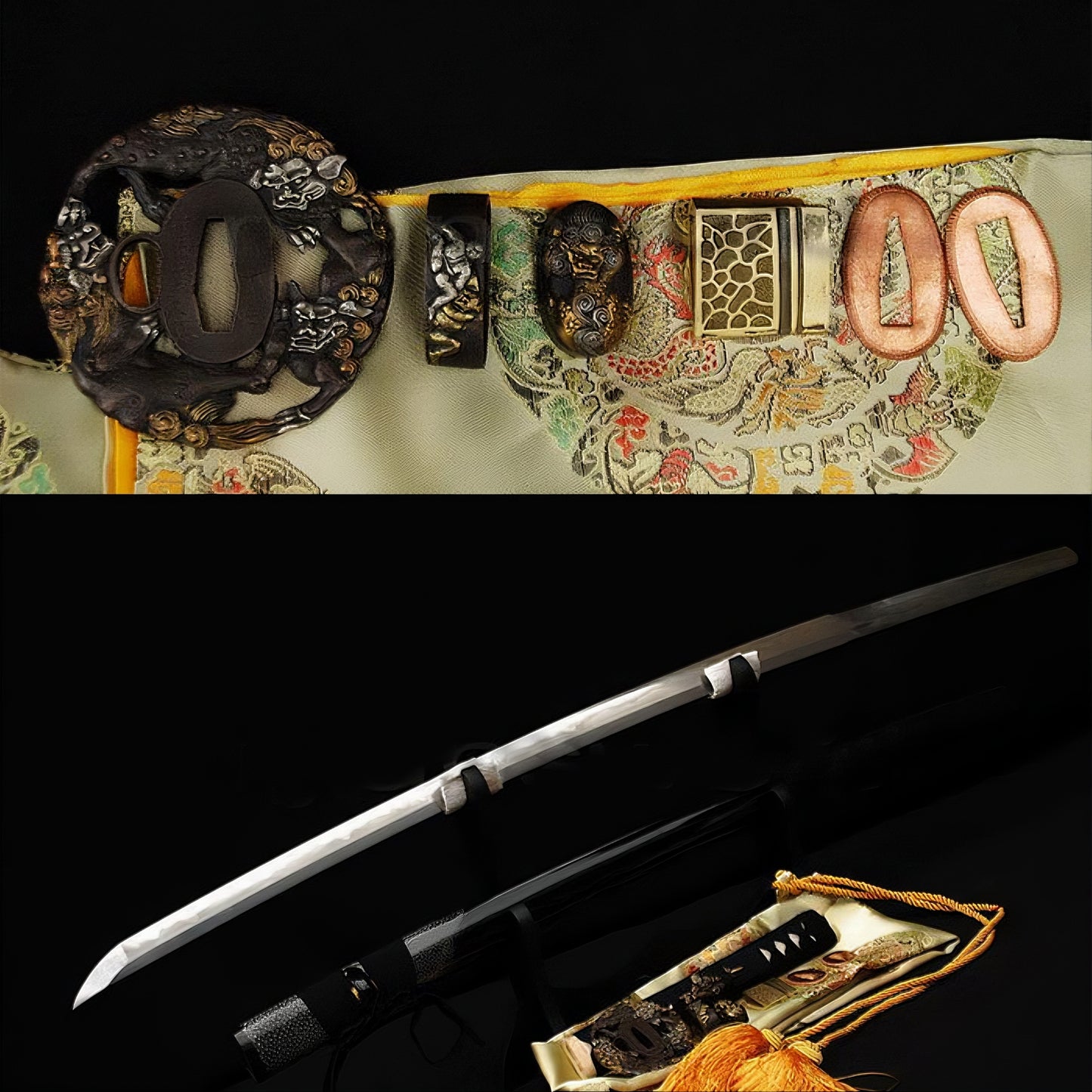 A flat-lay of the Sennin's Guardian Katana, showing the T10 steel blade, full tang, and the complete set of gilded "Shishi" (Lion) theme fittings.